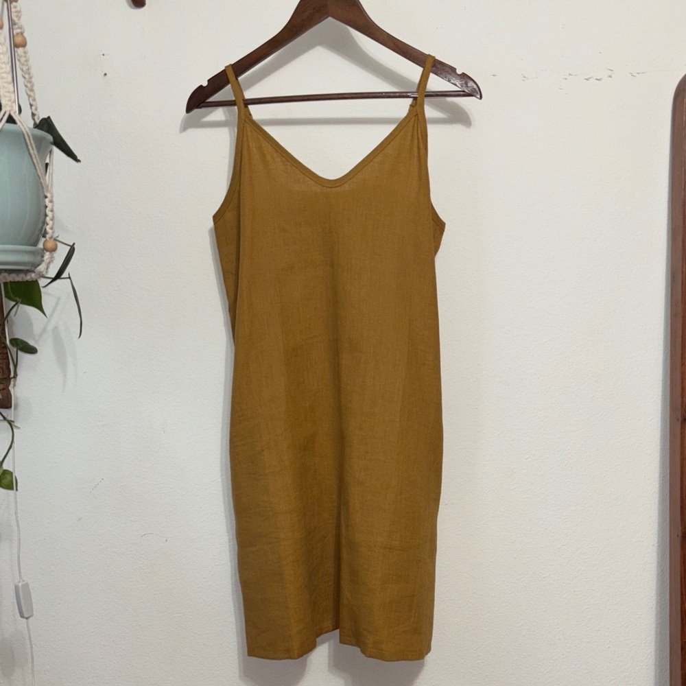 Elegant Mustard Slip linen spaghetti strap Dress by Linen Handmade Studio